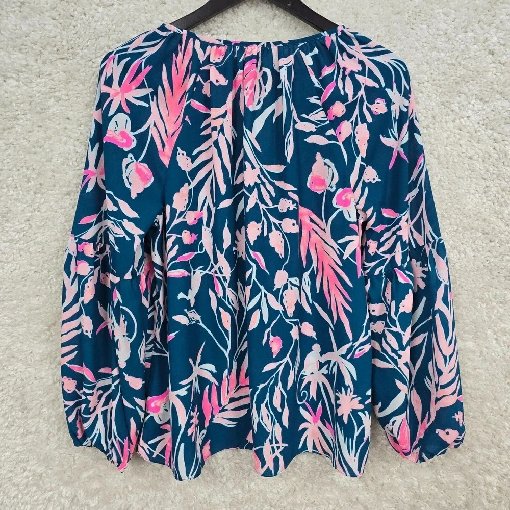Lilly Pulitzer Womens Charleigh Top Medium Floral V-Neck Balloon Sleeve Flowy - Picture 9 of 14
